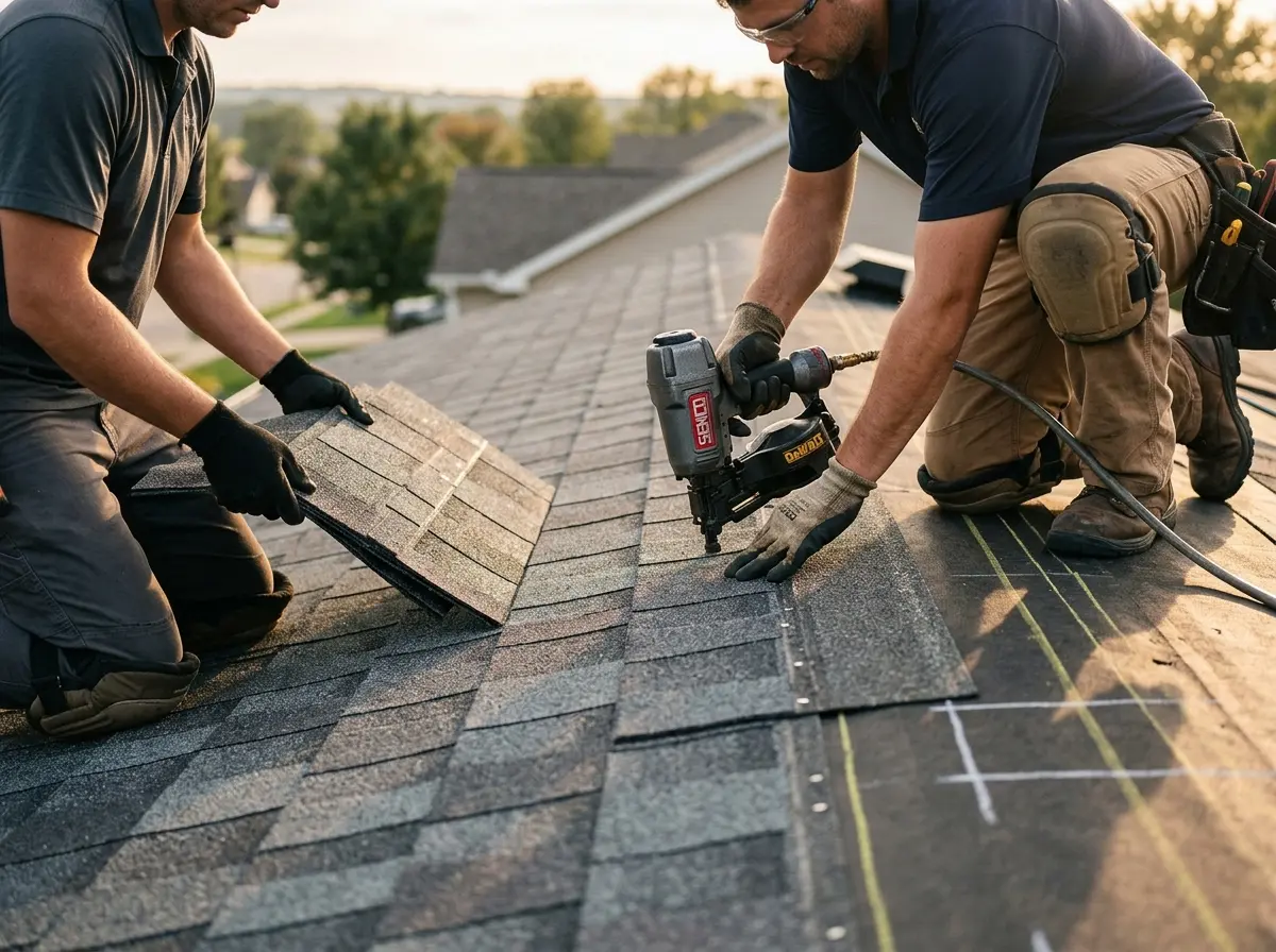 Professional roofer working on a residential roof in Groveport